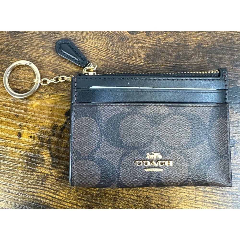 NEW Coach Signature 88208 Mini Skinny Id Case Crossgrain Leather Brown Black - Picture 8 of 9